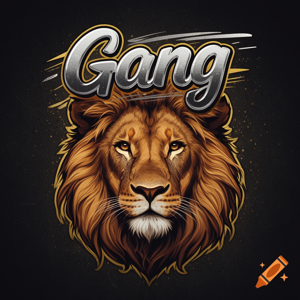 Stylized digital art of a majestic lion's head with a metallic silver 'Gang' text above it, outlined in gold.