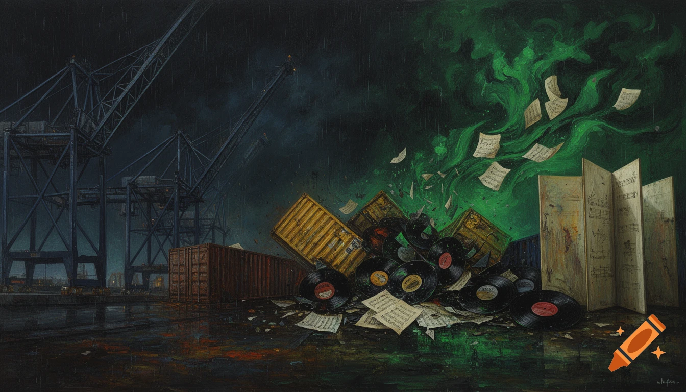 An oil painting of an industrial harbor at night, with dark cranes and shipping containers spilling vinyl records and musical scores into a toxic green mist.
