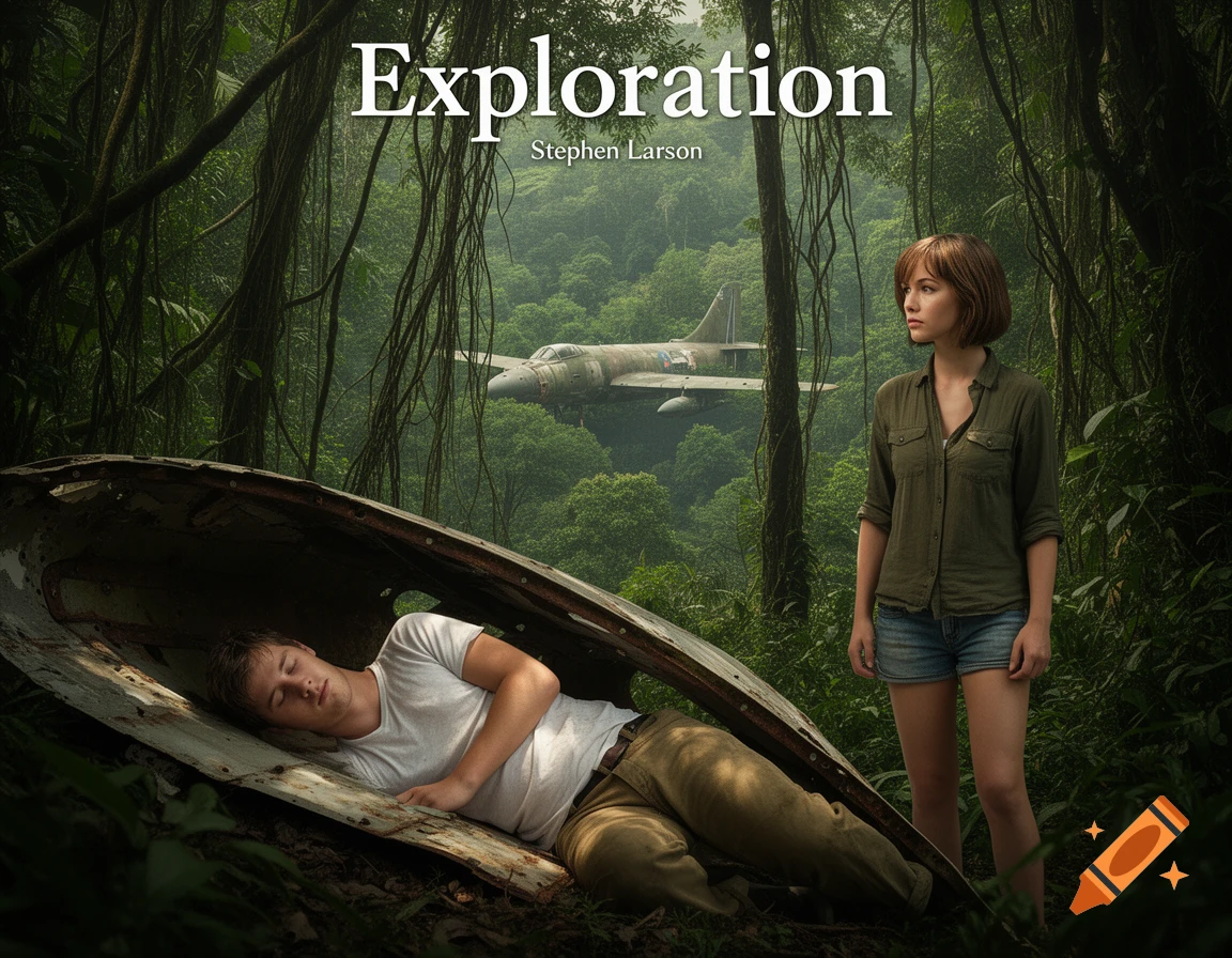 A young man sleeps in plane wreckage in a dense jungle with a woman standing nearby and a distant plane. Title: Exploration by Stephen Larson.