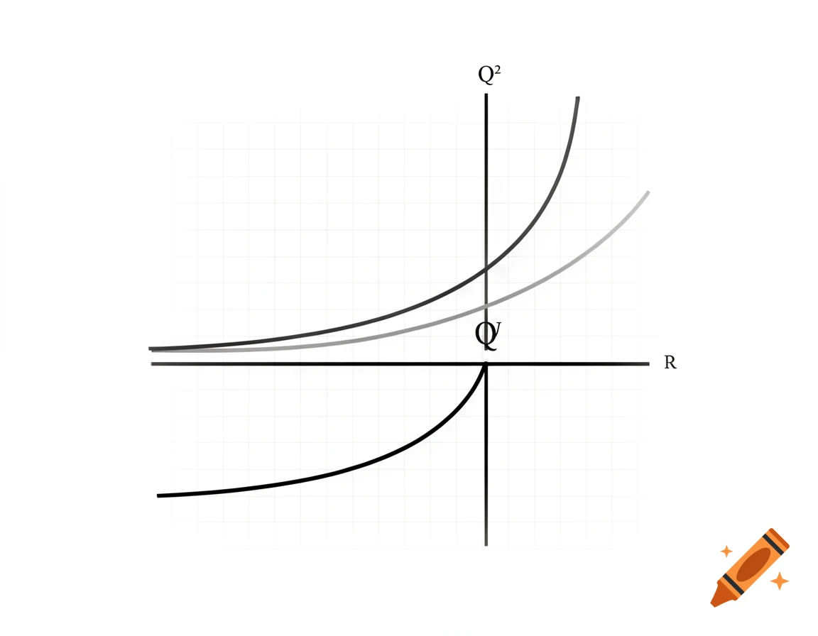 A white background graph with black axes labeled Q squared and R, and a point labeled Q at the origin. Three curved lines are plotted, two in the top right quadrant and one in the bottom left.