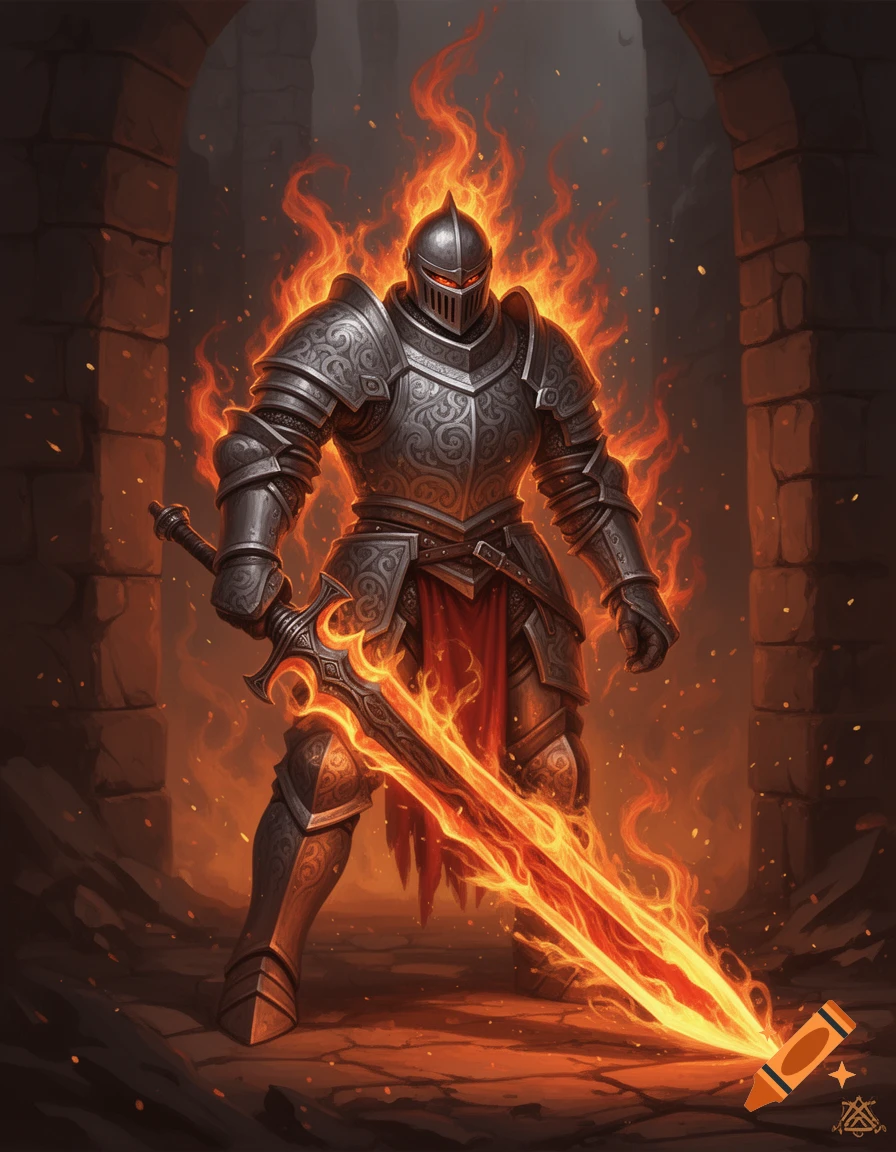 A fierce fire knight in ornate armor stands engulfed in flames, holding a large flaming sword in a dark stone archway, digital painting.
