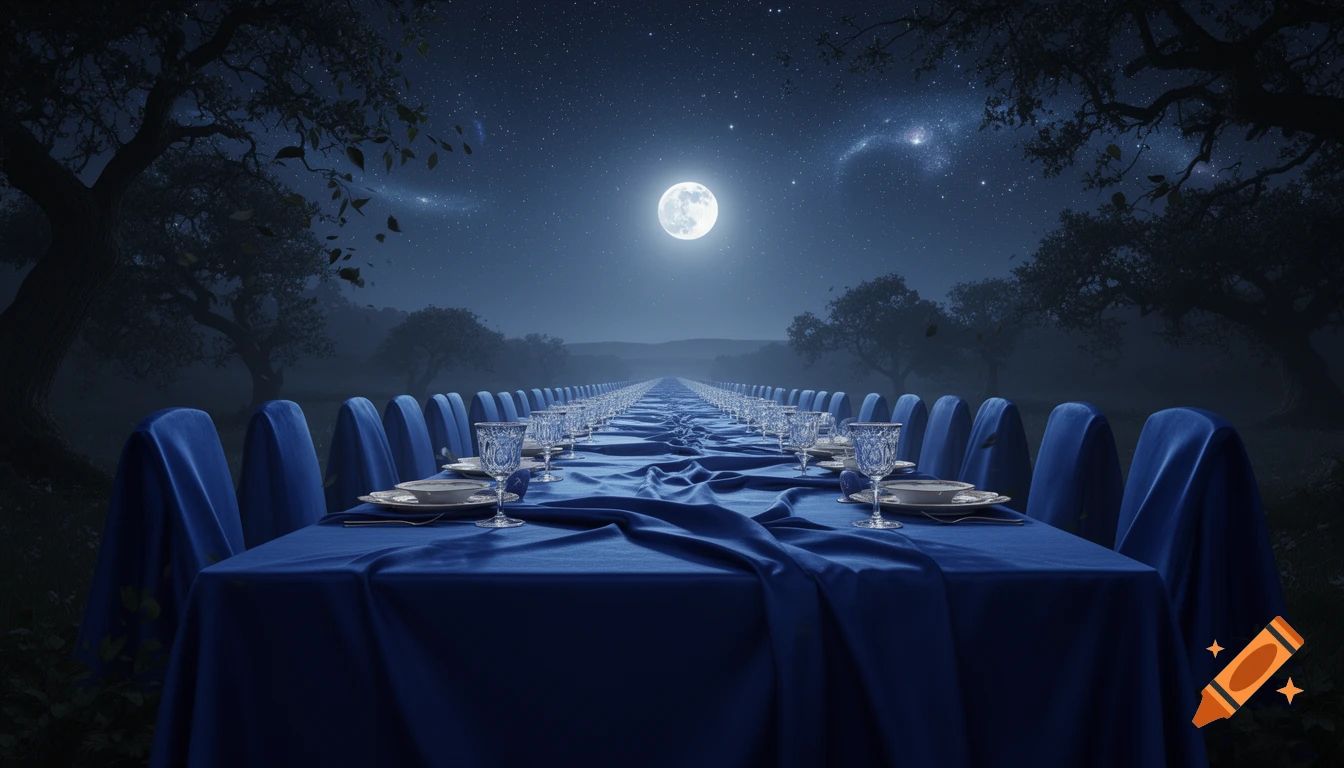 Infinite banquet table with blue linen, set under a bright full moon and starry night sky in a dark, misty forest.