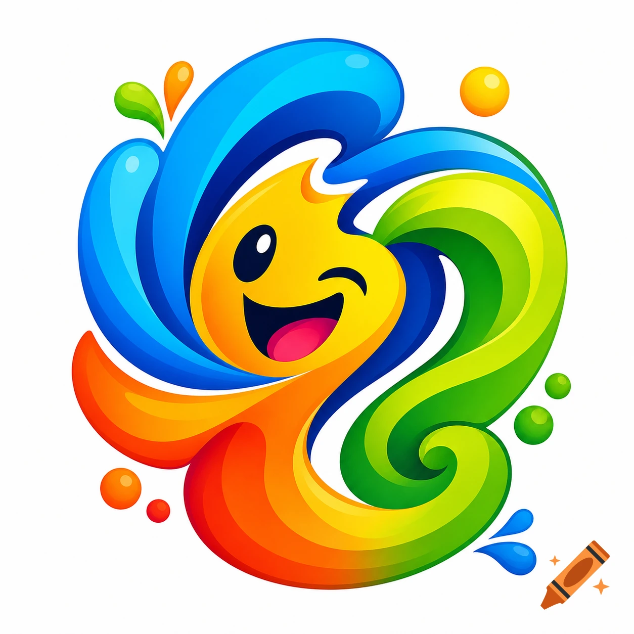 A vibrant abstract logo with a winking yellow cartoon face surrounded by swirling blue, green, and orange shapes.