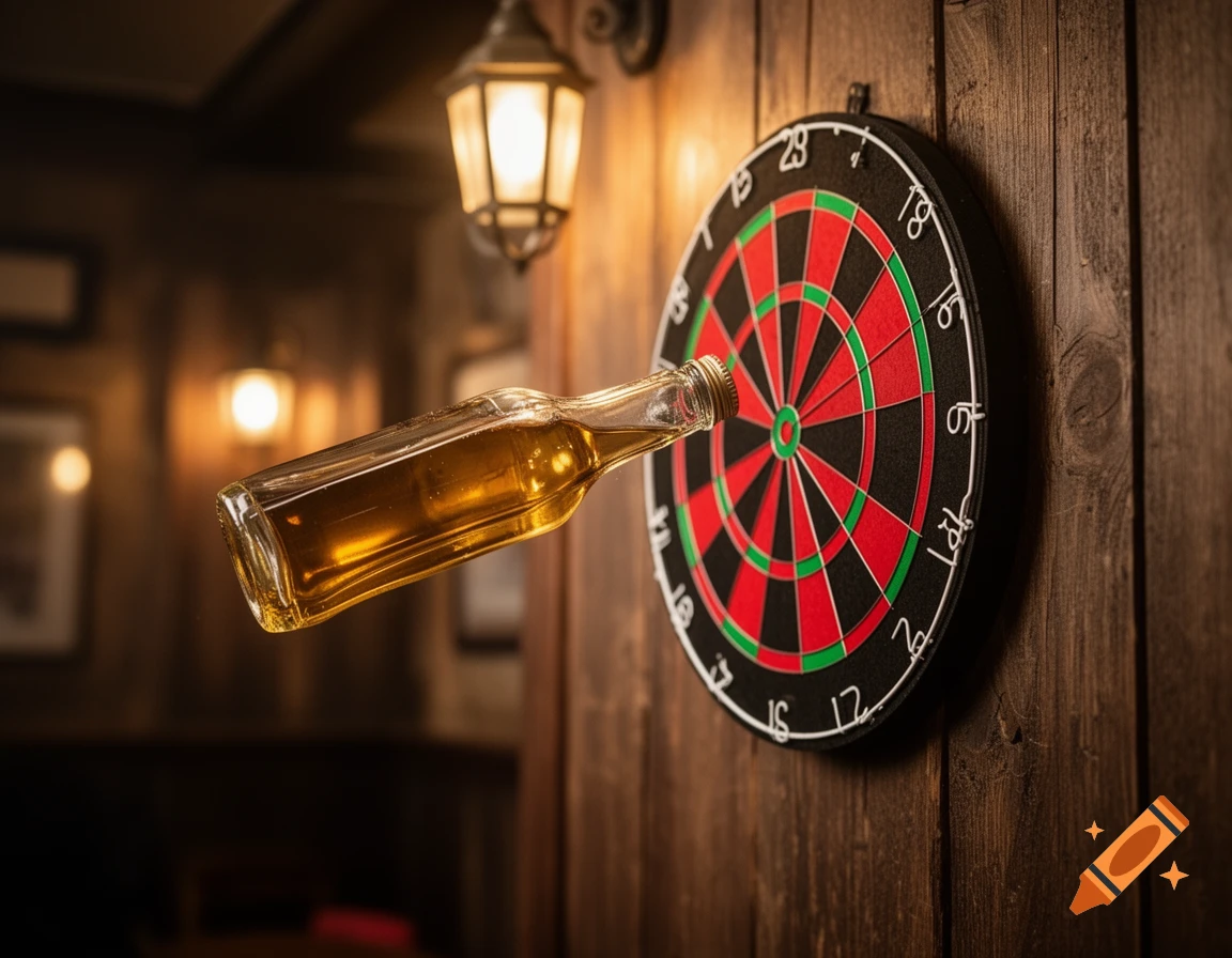 A clear glass bottle filled with golden liquor is stuck into a dartboard on a wooden wall in a dimly lit pub.