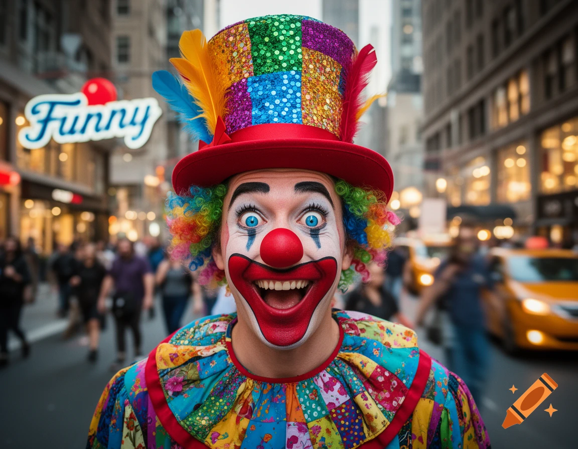 A cheerful clown in a colorful sequined hat and wig smiles broadly in a city street, looking directly at the viewer.