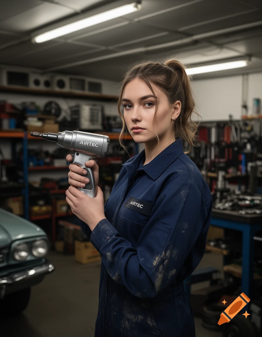 A young woman in a dirty blue mechanic's jumpsuit holds an impact wrench in a garage, photorealistic.