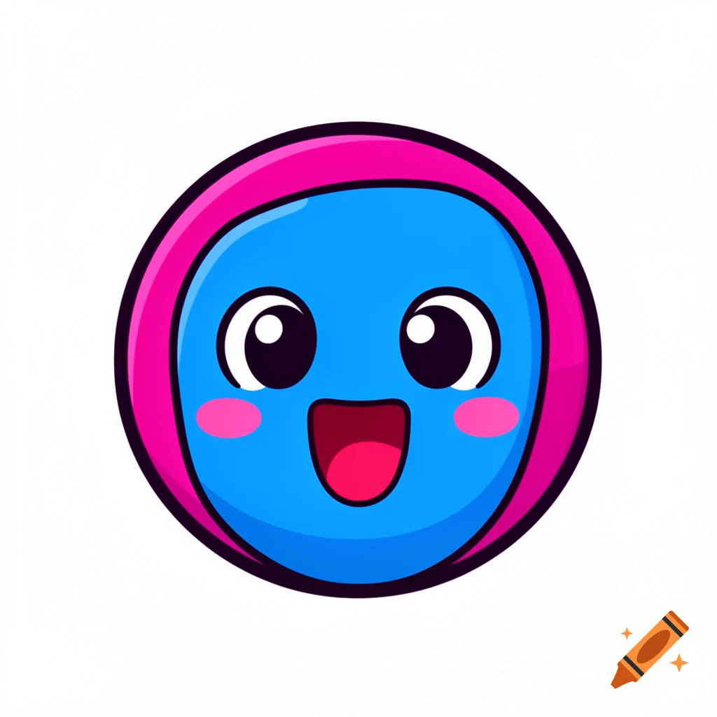 A cheerful blue cartoon face with large eyes, pink cheeks, and an open mouth, outlined in pink.