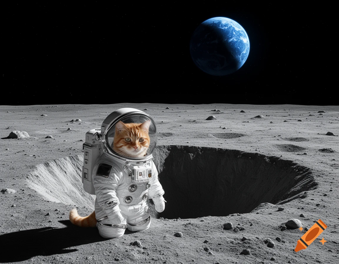 An orange cat in a white astronaut suit stands on the moon next to a crater, with Earth visible in the dark sky.