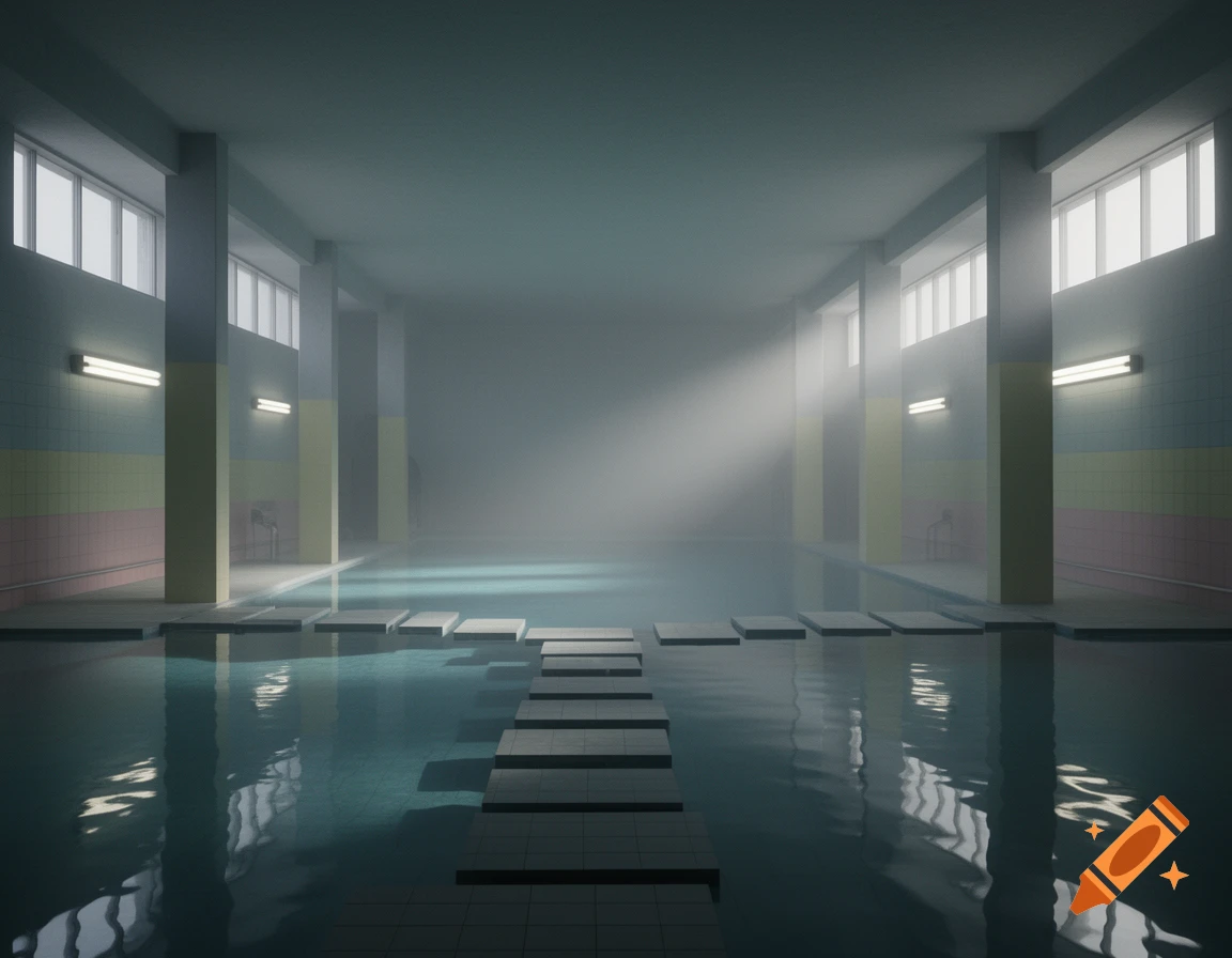 A dimly lit, atmospheric indoor swimming pool with stepping stones over the water, and light rays shining through upper windows.