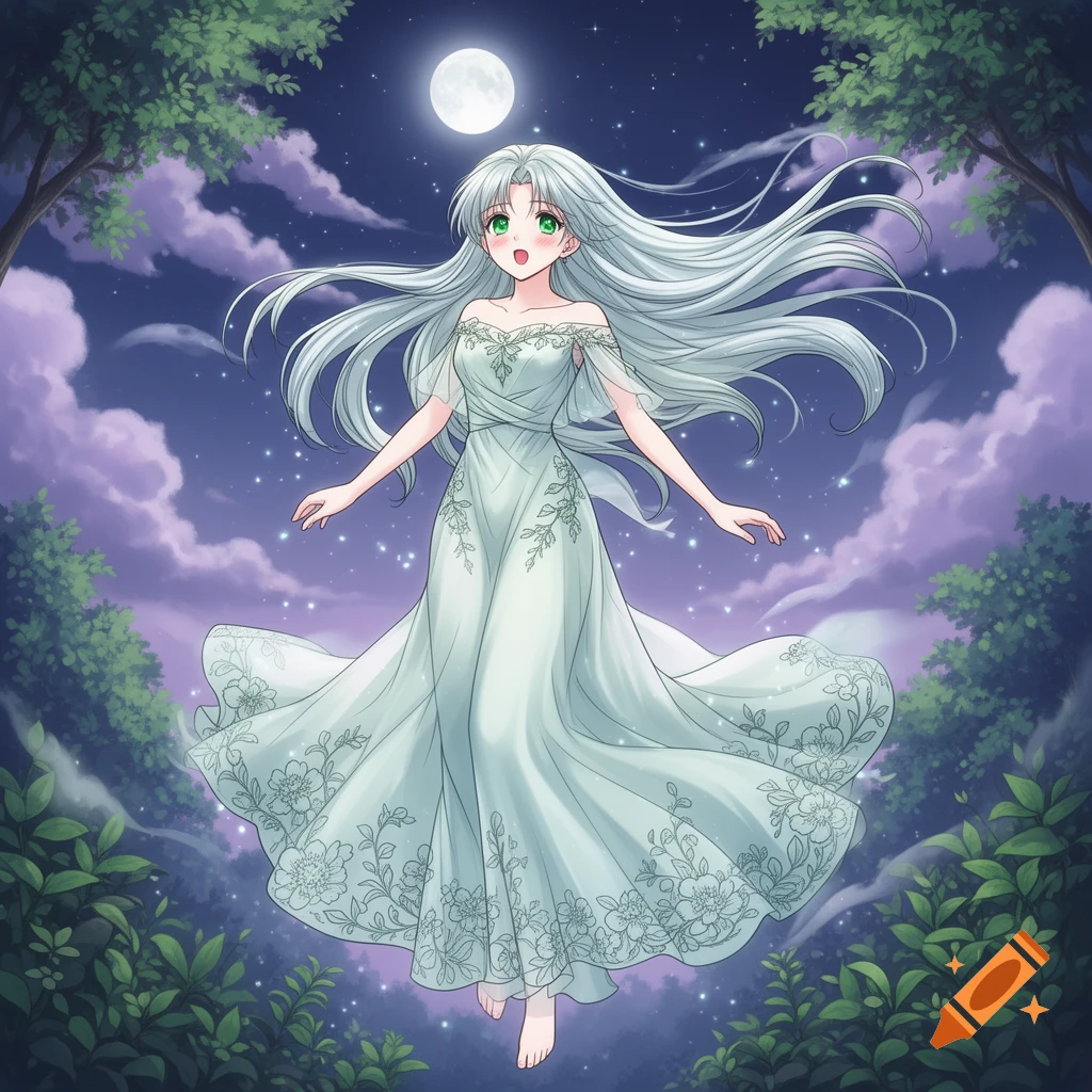 Anime-style nymph with long silver hair and green eyes, floating in a magical forest at night under a full moon.