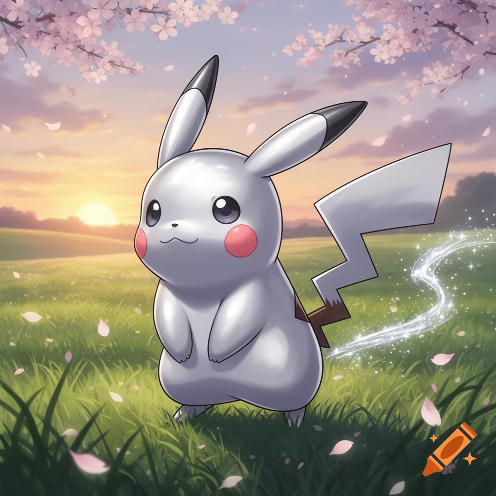 A silvery-white Pikachu-like creature with red cheeks stands in a grassy field with pink cherry blossoms falling, set against a sunset sky.