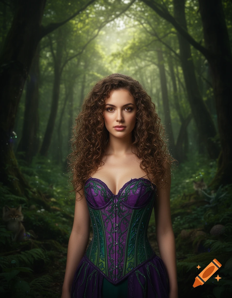 A woman with long curly brown hair in a purple and green corset stands in a mystical forest with small foxes.