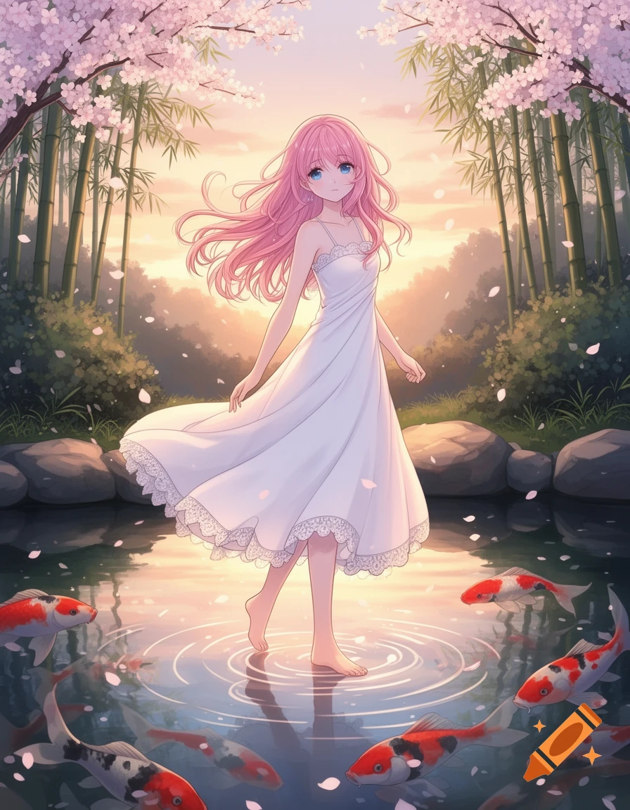 Pink-haired anime girl in a white dress stands in a koi pond surrounded by cherry blossoms and bamboo at sunset.
