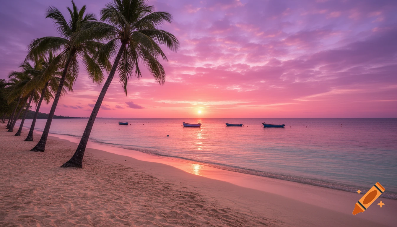 A vibrant sunset casts pink and purple hues over a tropical beach lined with palm trees and dotted with boats on the calm ocean.