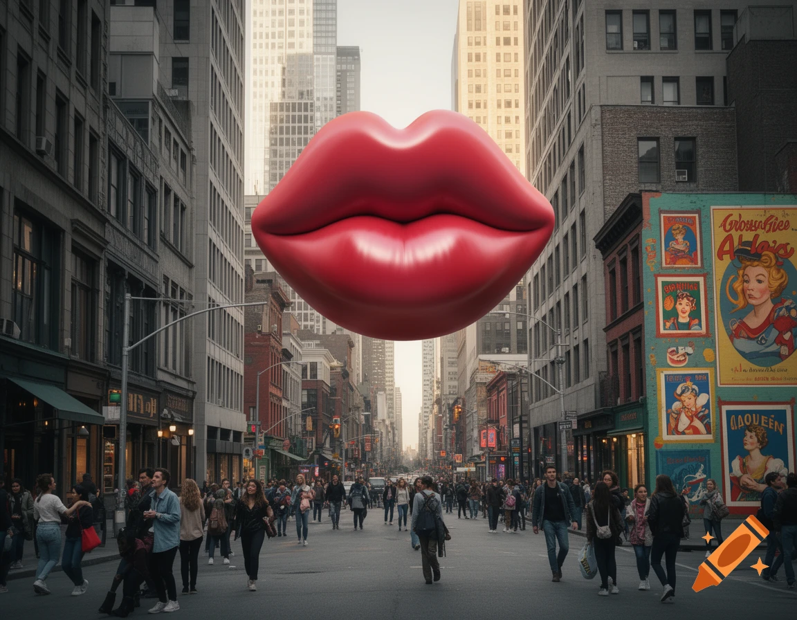 A giant red inflatable pair of lips floats above a busy city street lined with tall buildings and pedestrians, under a hazy sky.