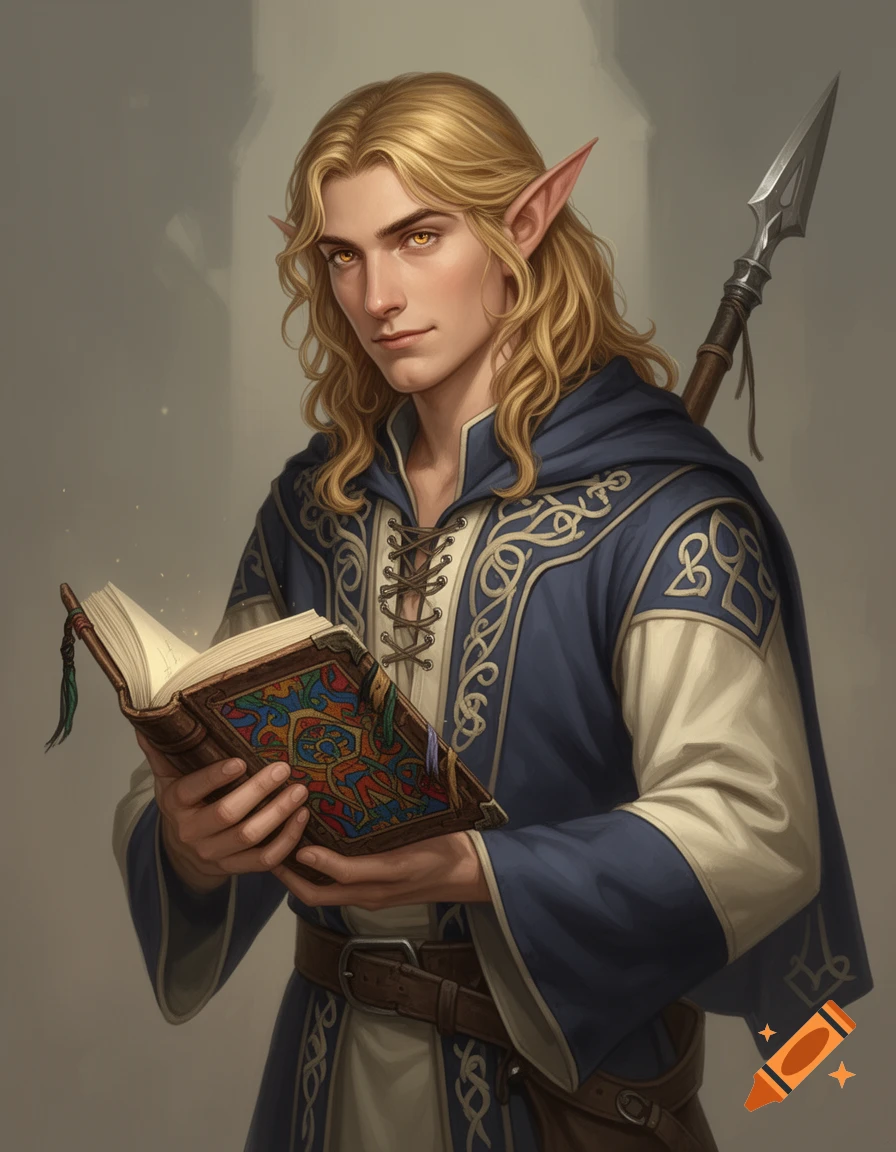 Young blond elf wizard in blue robes holds an open spellbook, a glaive on his back, in a fantasy illustration.