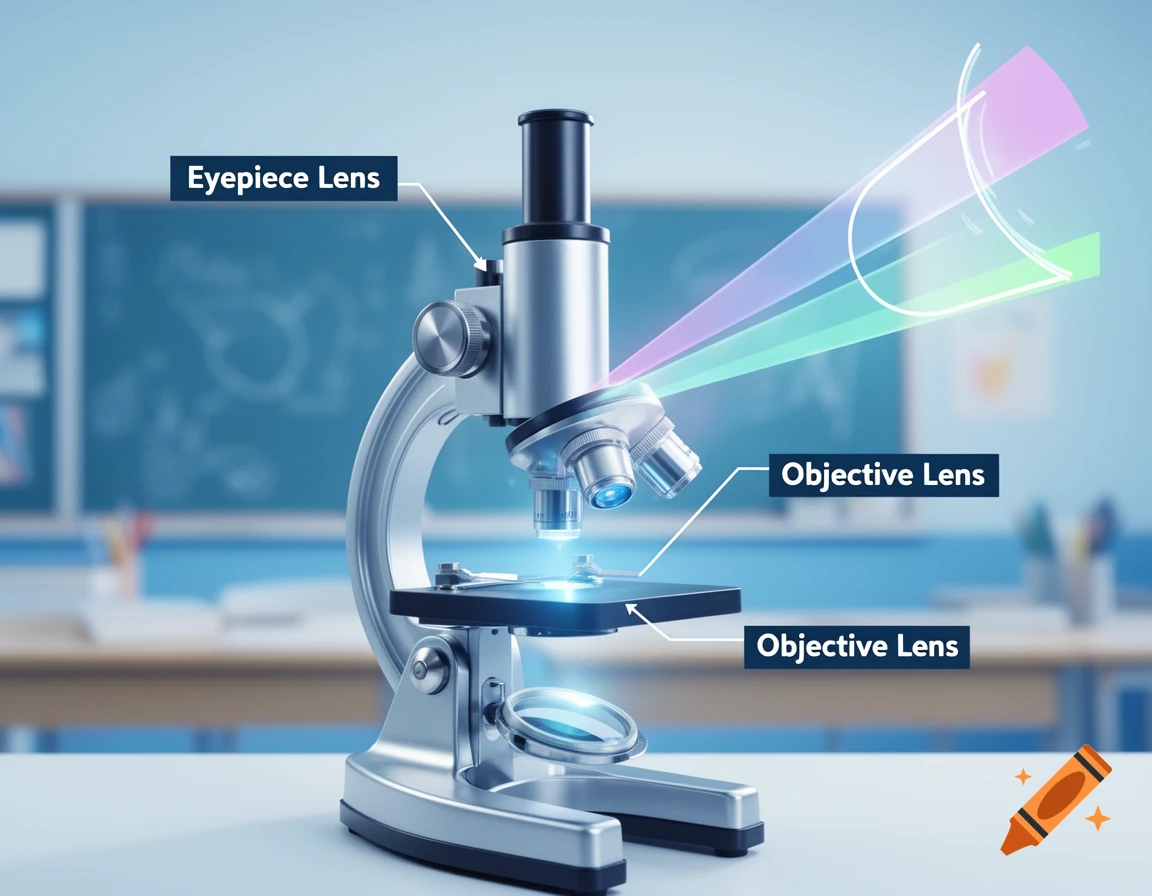Detailed 3D illustration of a silver microscope with light beams and labels for Eyepiece Lens and Objective Lens, set in a classroom.