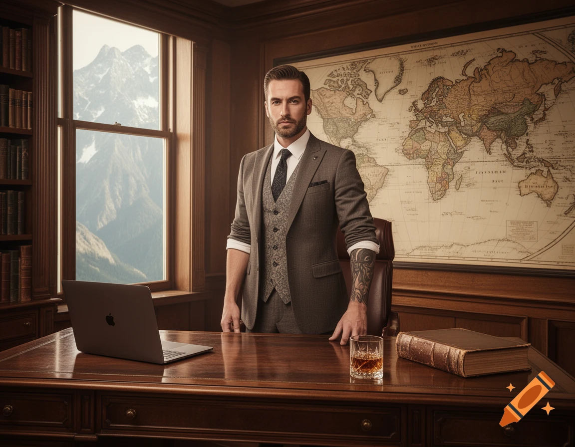 A distinguished businessman in a suit with rolled sleeves and a tattoo stands behind a wooden desk in a vintage office with a world map, MacBook, old book, and whiskey. A mountain view is seen through a window.