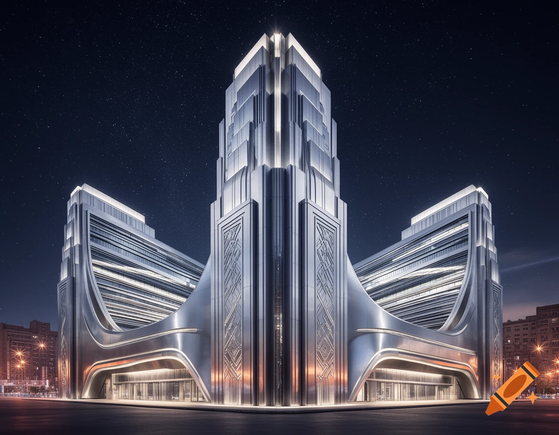 A striking, futuristic Art Deco-style building with chrome accents stands tall at night under a starry sky.