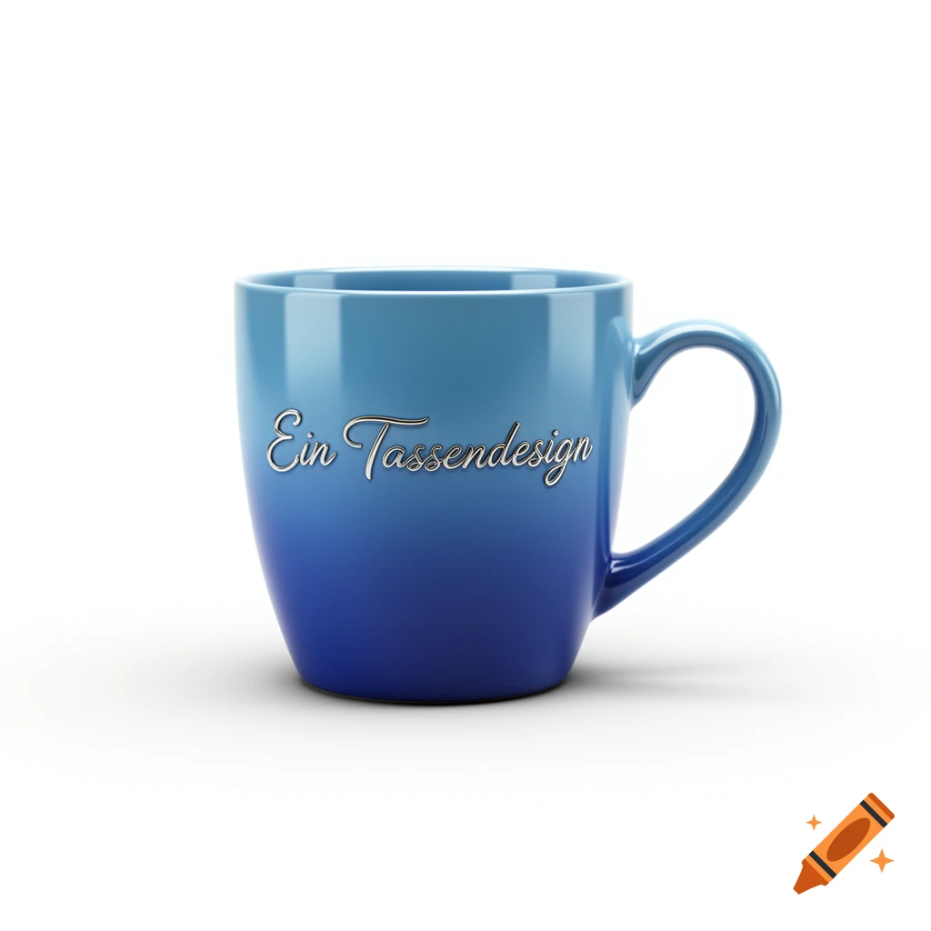 A blue ombre mug with "Ein Tassendesign" in silver cursive script, centered on a white background.