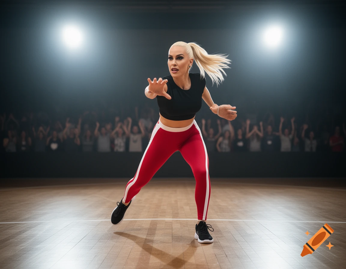 A blonde woman in a black crop top and red athletic pants dances on a stage under spotlights, with a blurred audience.