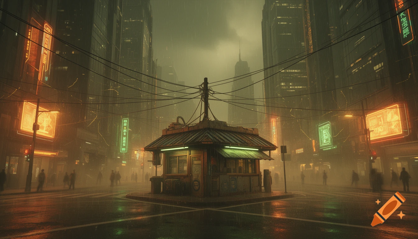 A rainy, foggy cyberpunk city street at night, with towering skyscrapers, neon signs, and a small kiosk at the center of the intersection, cables overhead.