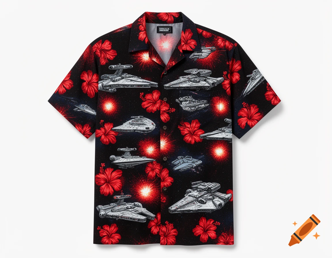 A black Hawaiian shirt with a pattern of Star Wars and Star Trek spaceships, red hibiscus flowers, and stellar explosions.