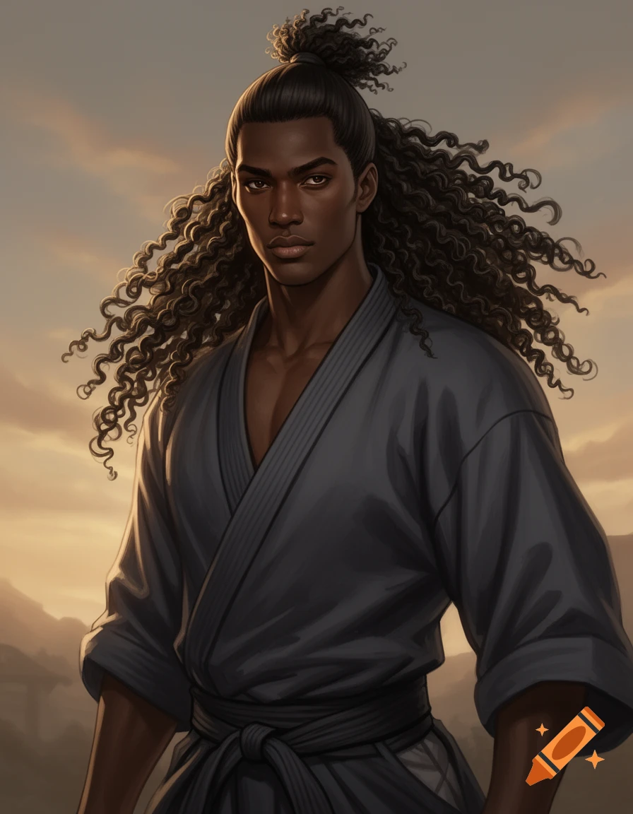 A fantasy portrait of a dark-skinned man with long, curly black hair in a top knot, wearing a grey gi, against a sunset sky.