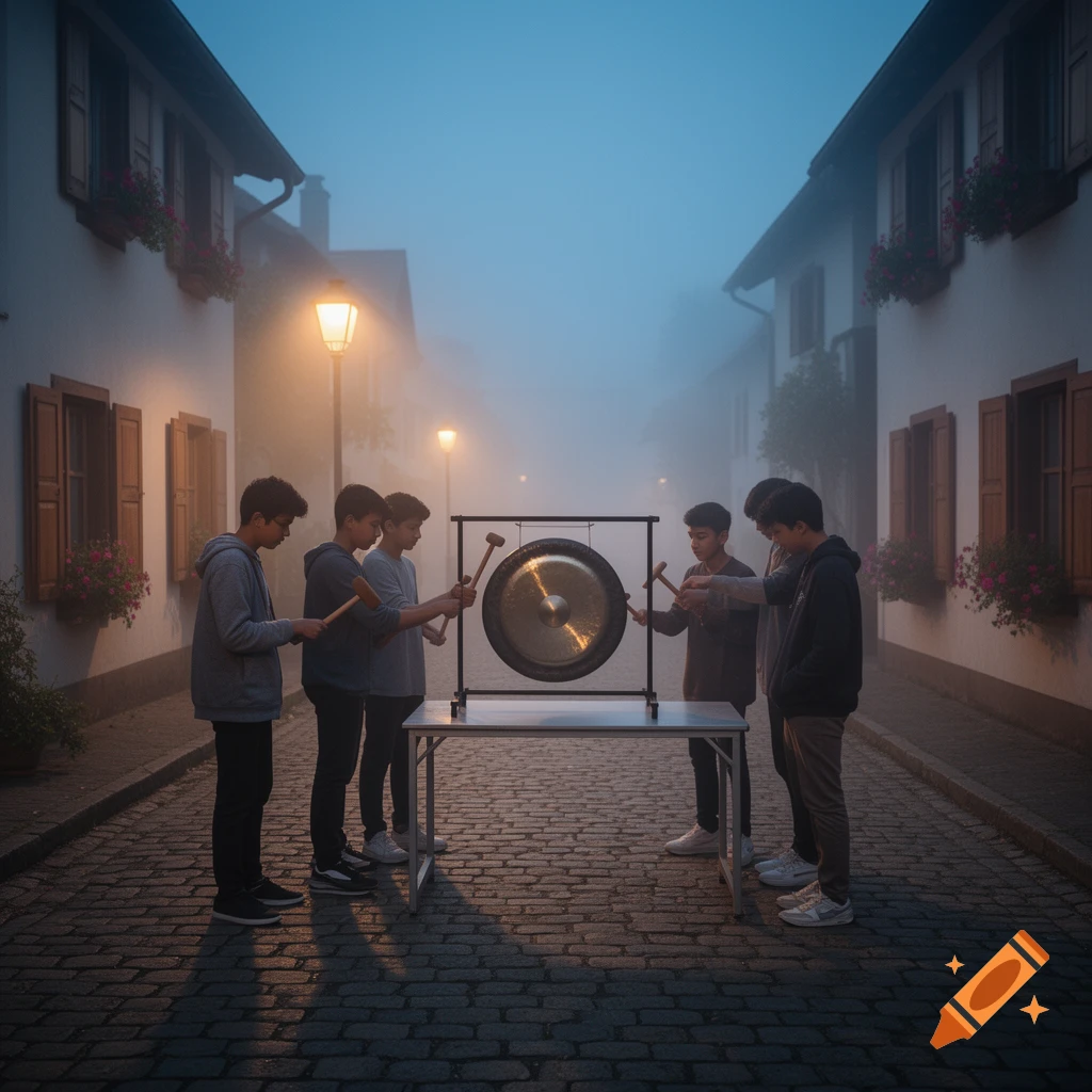 Young men with mallets stand around a large gong on a misty cobblestone street at dusk, flanked by old buildings.