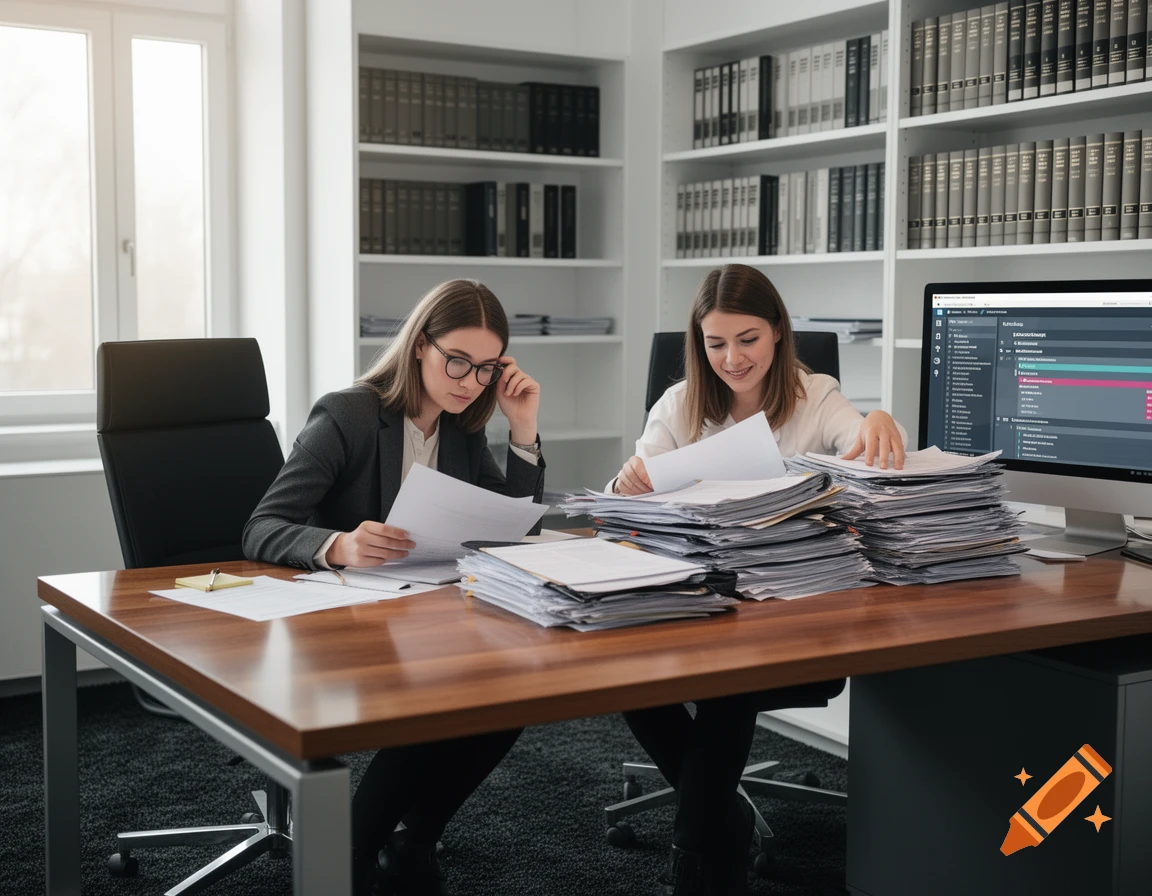 Two women review documents and work on a computer in a sunlit office with bookshelves.