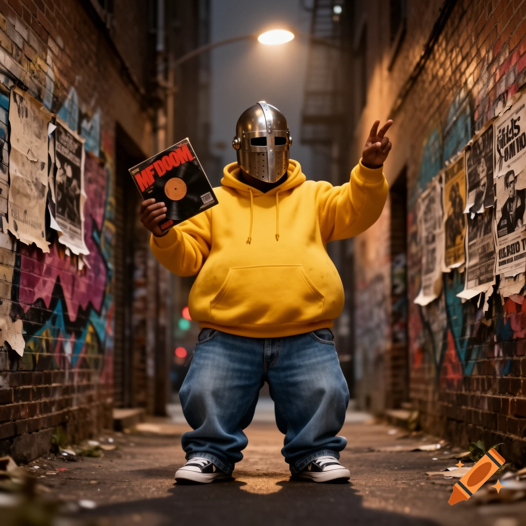 A person wearing a metal helmet and a yellow hoodie holds an MF DOOM record in a graffiti-covered alley.