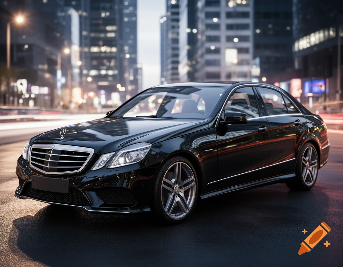 A sleek black Mercedes-Benz sedan is parked on a wet city street at night, with blurred urban lights in the background.