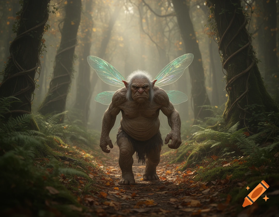 A grumpy, muscular troll with translucent fairy wings walks down a misty forest path covered in autumn leaves and ferns.