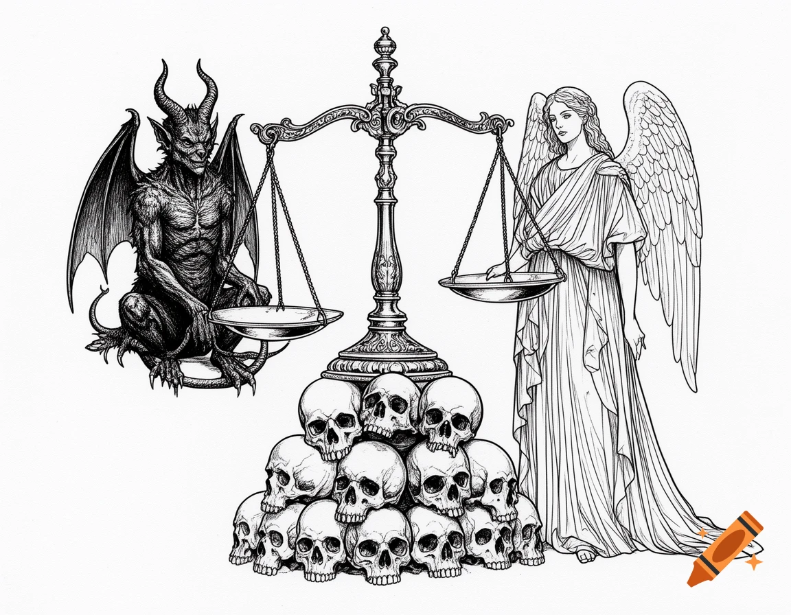 Black and white line art of a devil on a scale balanced against an angel, with a pile of skulls at the base.