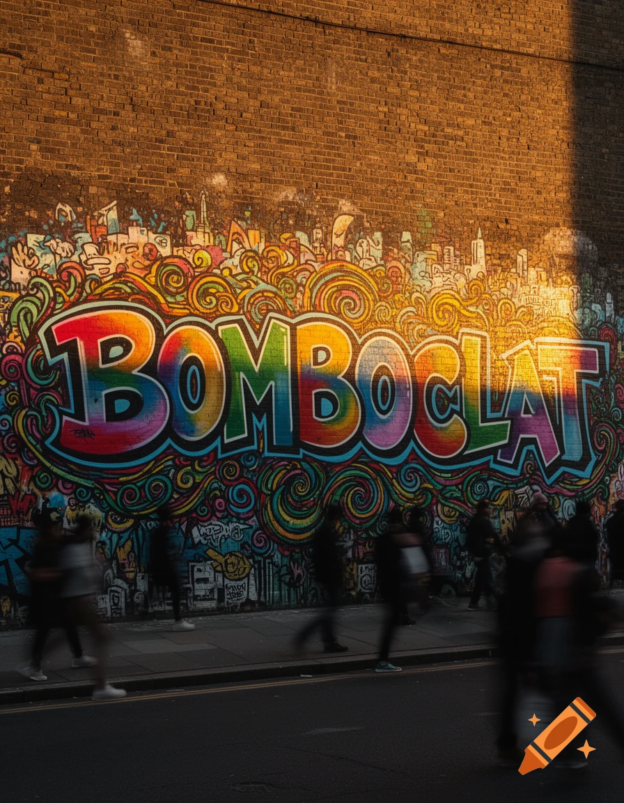 Colorful 'BOMBOCLAT' graffiti covers a brick wall with blurred people walking on the sidewalk below in an urban setting.