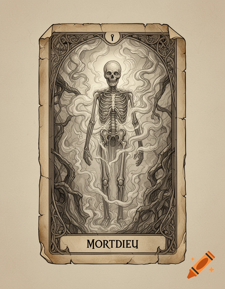 A stylized black and white tarot card featuring a skeleton surrounded by swirling smoke and roots, with 'MORTDIEU' at the bottom.