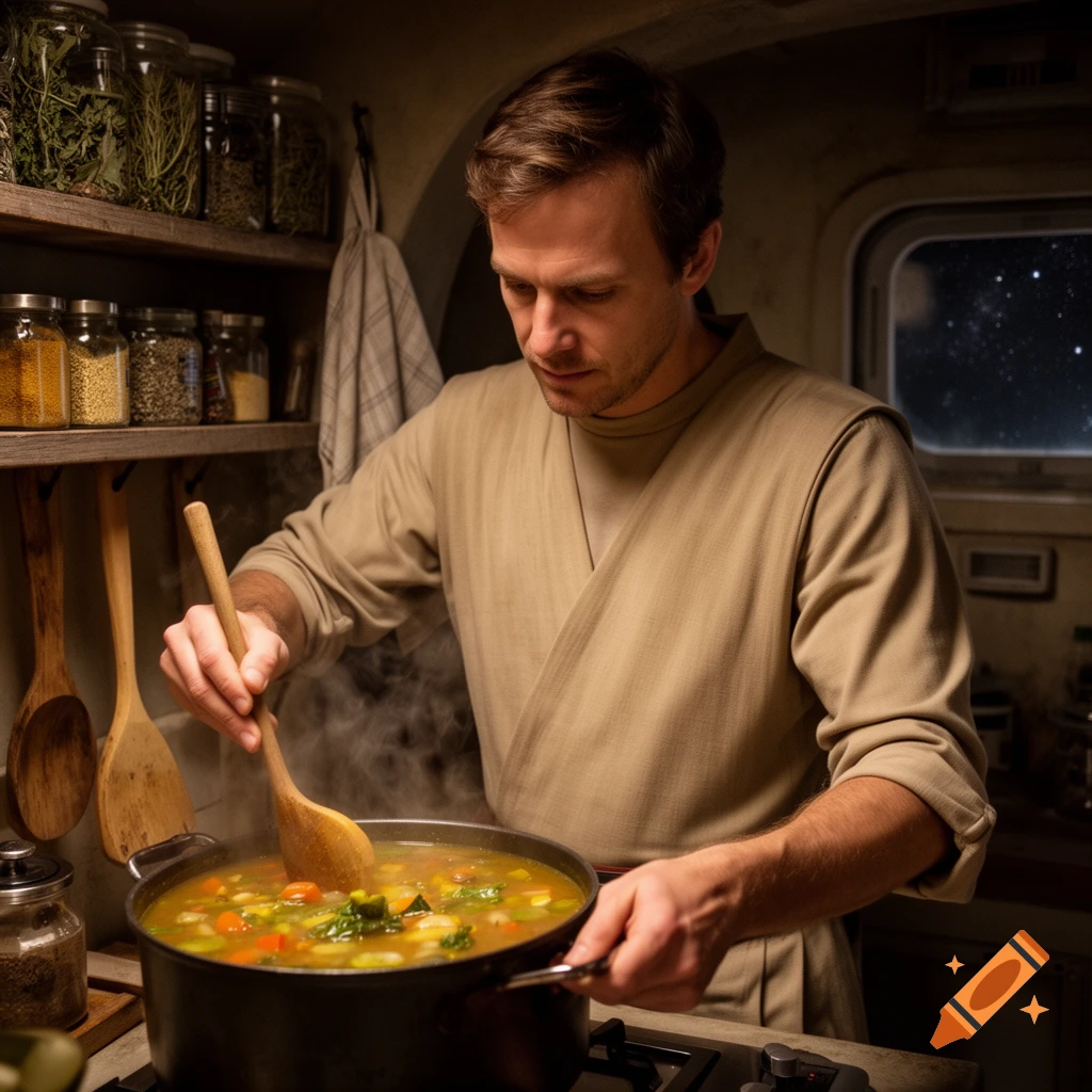 A man in Star Wars-style attire stirs a pot of steaming vegetable soup in a rustic kitchen with a space view window.