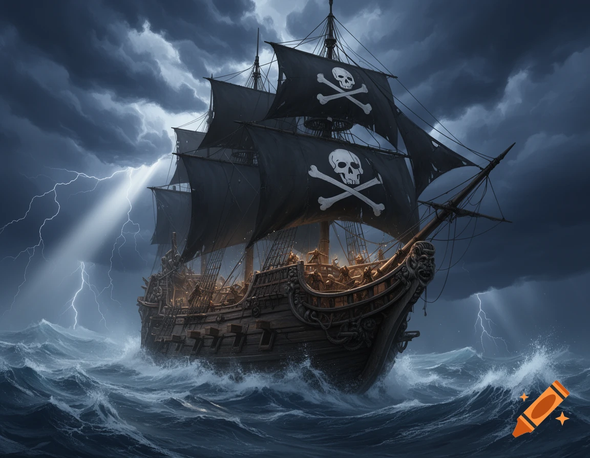 A majestic pirate ship with skull and crossbones sails on stormy seas under a dark, lightning-filled sky.