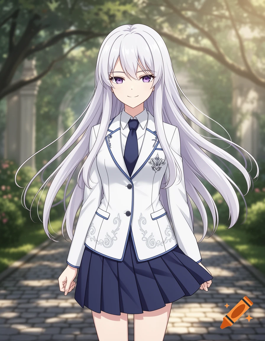 Anime girl with long white hair and purple eyes, wearing a white and blue school uniform, standing in a park.