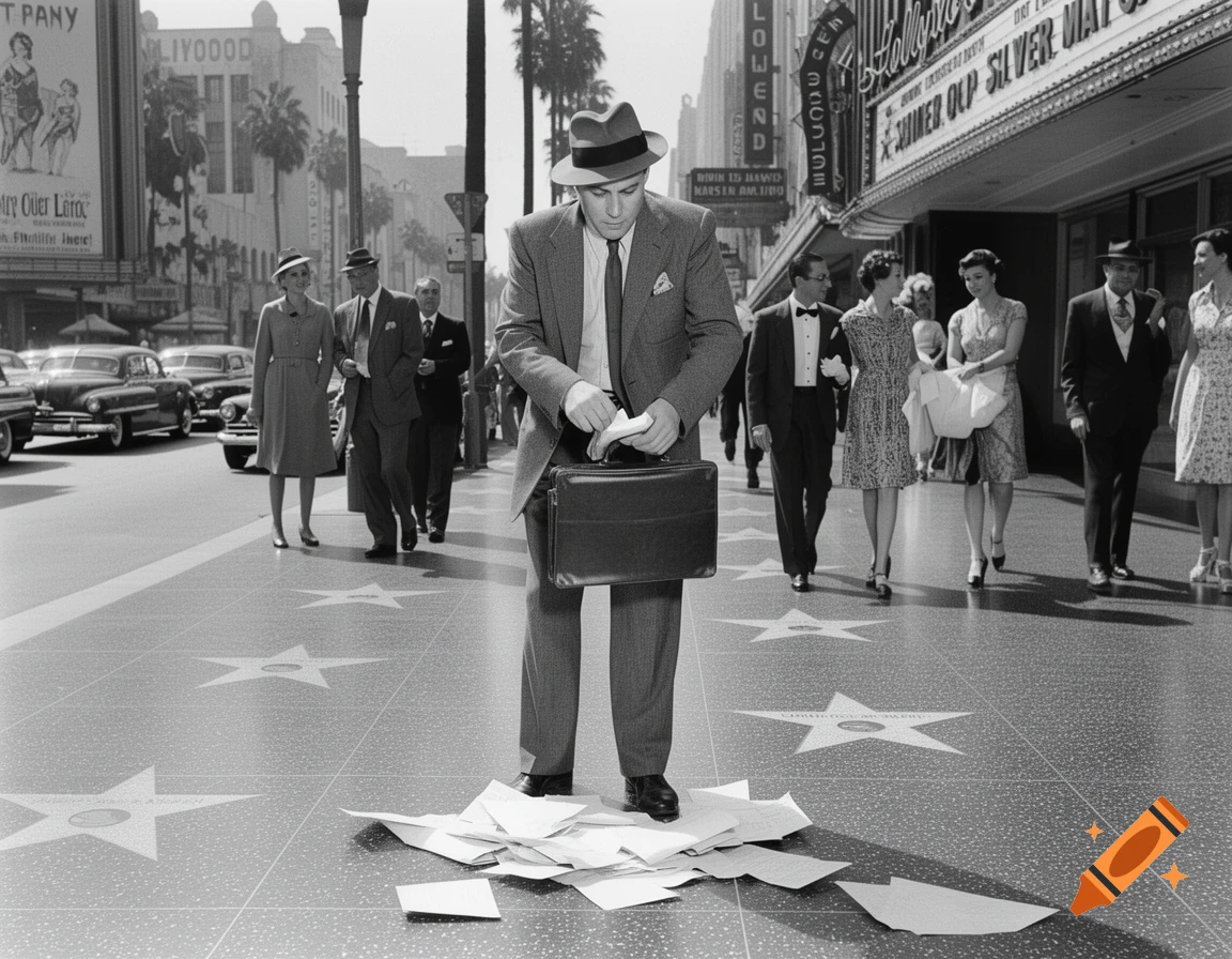 Black and white photo of a man in a suit dropping papers on the Hollywood Walk of Fame, with 1950s cars and people.