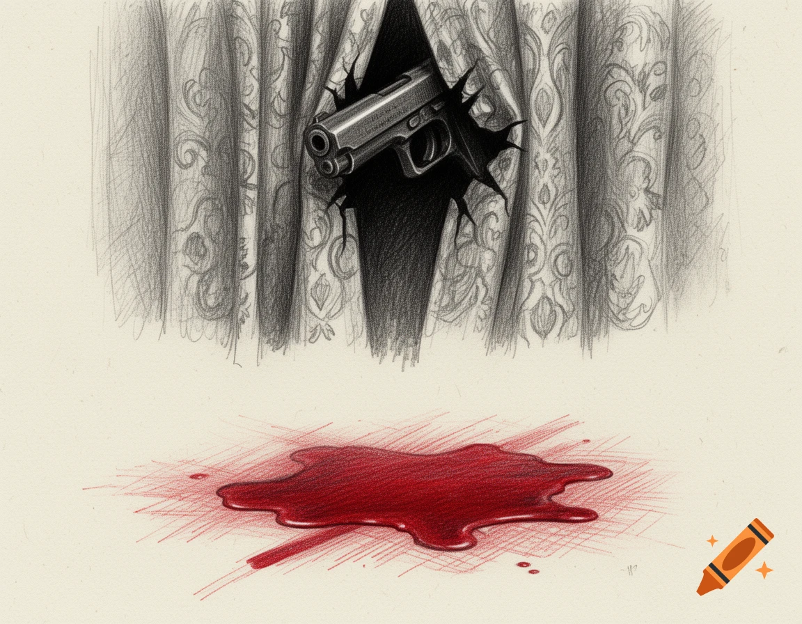 A detailed colored pencil sketch shows a pistol poking through a torn curtain above a pool of deep red blood on the floor.