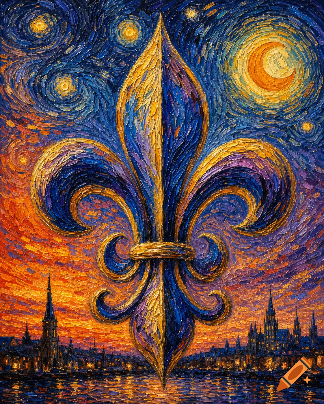 Van Gogh-style painting of a large blue and gold fleur-de-lis against a swirling night sky and an illuminated cityscape.