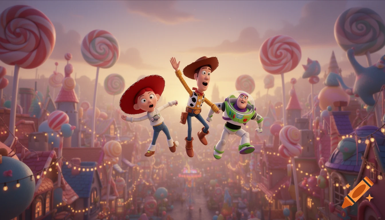 Woody, Jessie, and Buzz Lightyear float above a whimsical candy town with large lollipops in a Pixar-style animation.