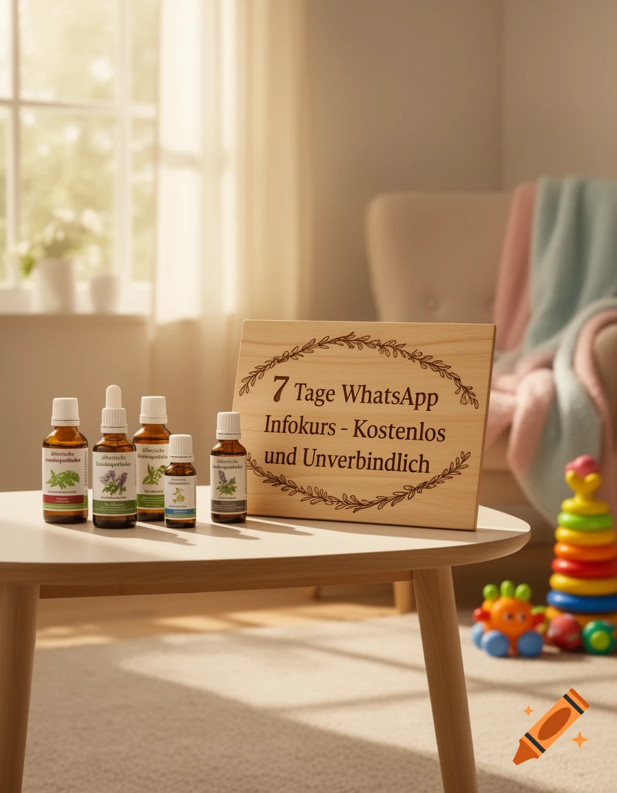 Five essential oil bottles and a wooden sign with German text "7 Tage WhatsApp Infokurs" sit on a table in a bright room with toys.