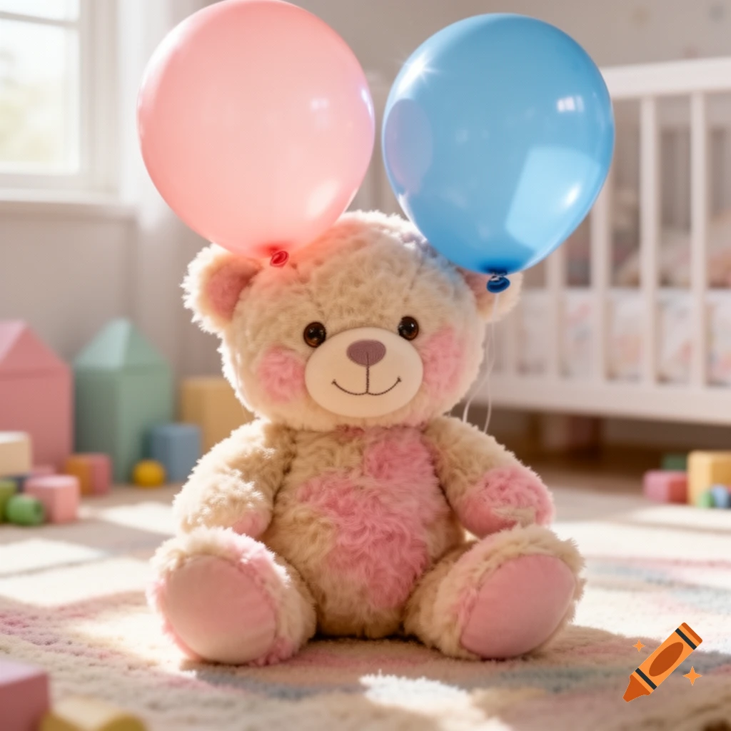 A cute, light-colored teddy bear with pink patches sits on a rug, holding a pink and a blue balloon in a bright nursery.