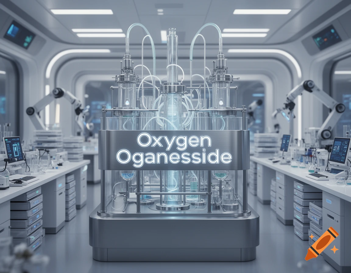 Futuristic laboratory with a central glowing machine displaying 'Oxygen Oganesside', flanked by robotic arms.