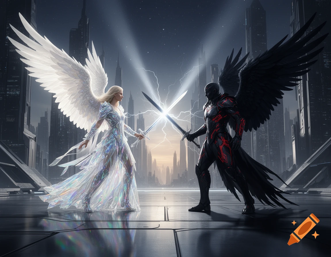 An angelic figure with white wings and a demonic figure with black wings clash glowing swords in a futuristic city.