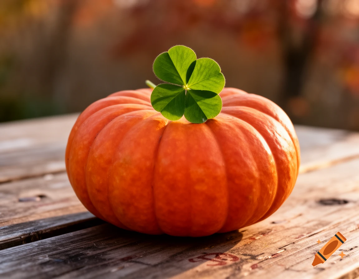 A vibrant orange pumpkin topped with a green clover leaf rests on a wooden table in warm autumn light.