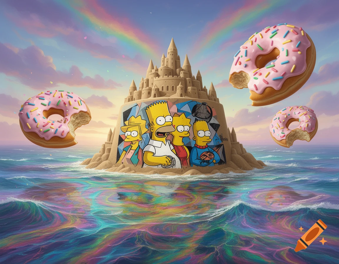A colorful sandcastle with Simpsons characters in a Picasso/Banksy art style, floating in a psychedelic ocean with rainbow clouds and donuts.