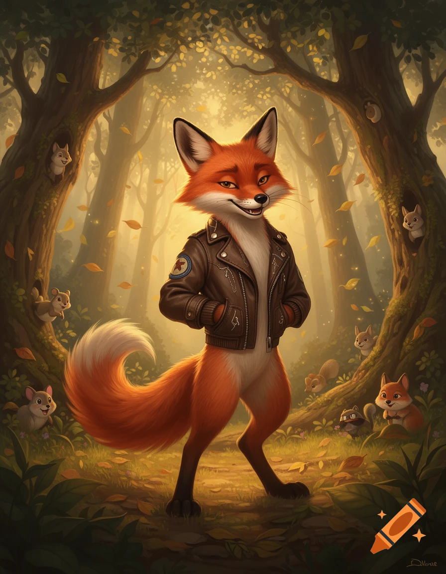 A smug anthropomorphic fox in a leather jacket stands in a sunny autumn forest with small animals, digital art.